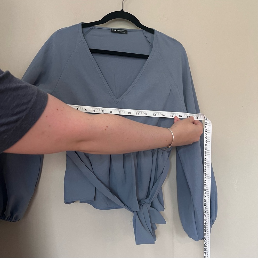 V-Neck Tie-Waist Women's Top in Dusty Blue - Picture 7 of 7